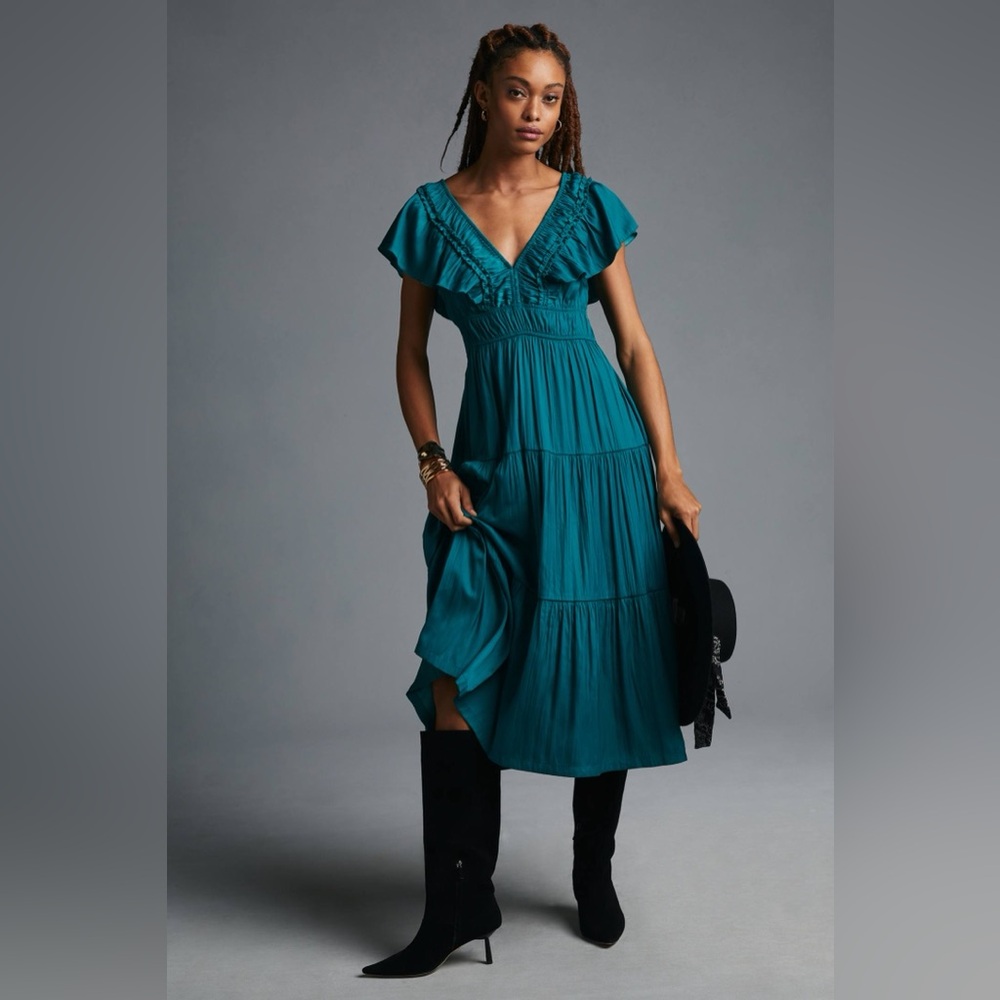 Anthropologie Ruffled Teal Midi Dress
